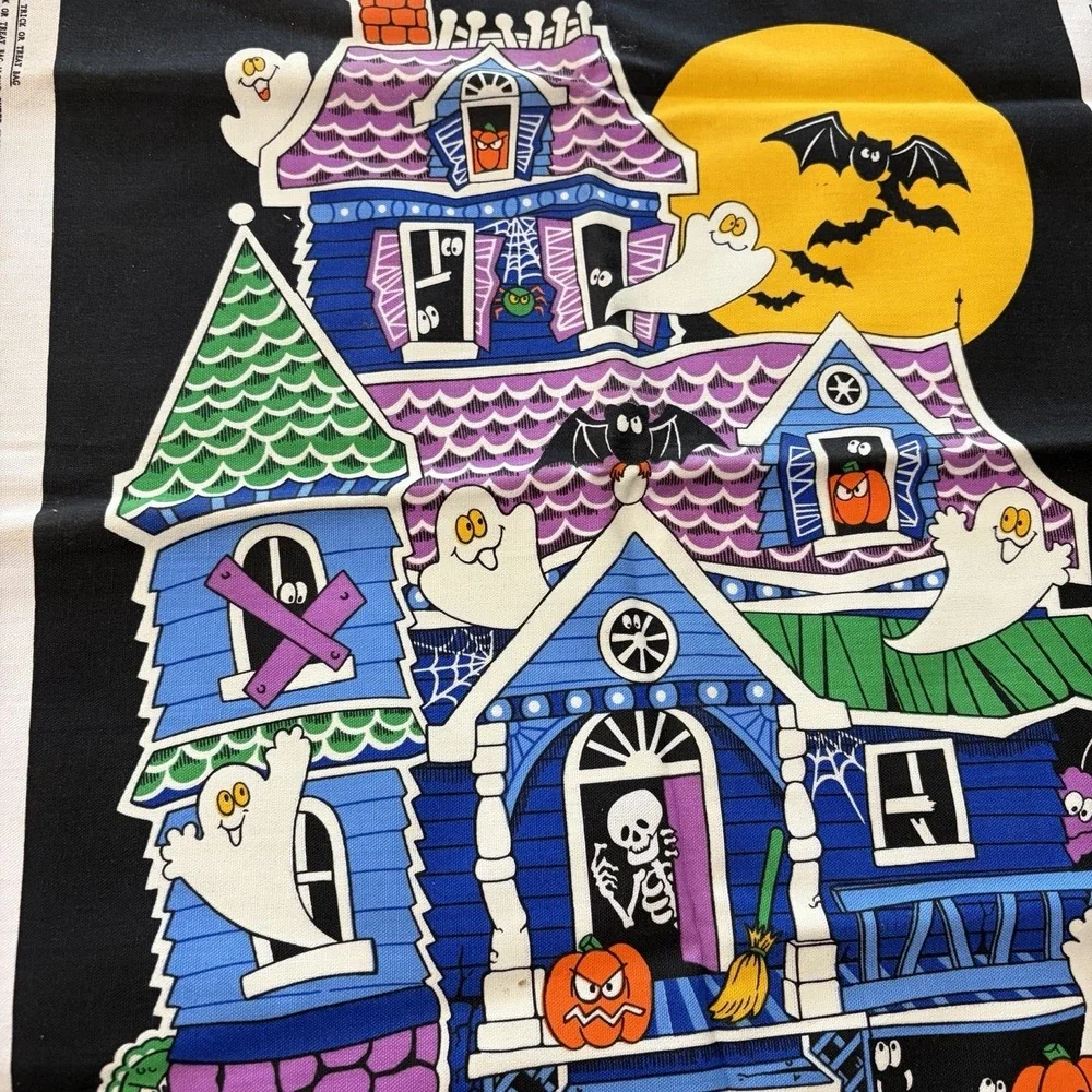 Vintage Halloween Trick Or Treat Haunted House Cranston Fabric Panels Cut Sew